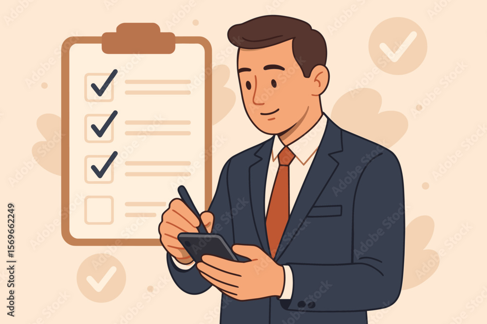 Businessman Completing Digital Checklist, Online Survey Assessment, Quality Control, Questionnaire, Mobile Form, Task Management, Productivity, Professional Evaluation, Checklist Verification Businessman Completing Digital Checklist, Online Survey Assessment, Quality Control, Questionnaire, Mobile Form, Task Management, Productivity, Professional Evaluation, Checklist Verification