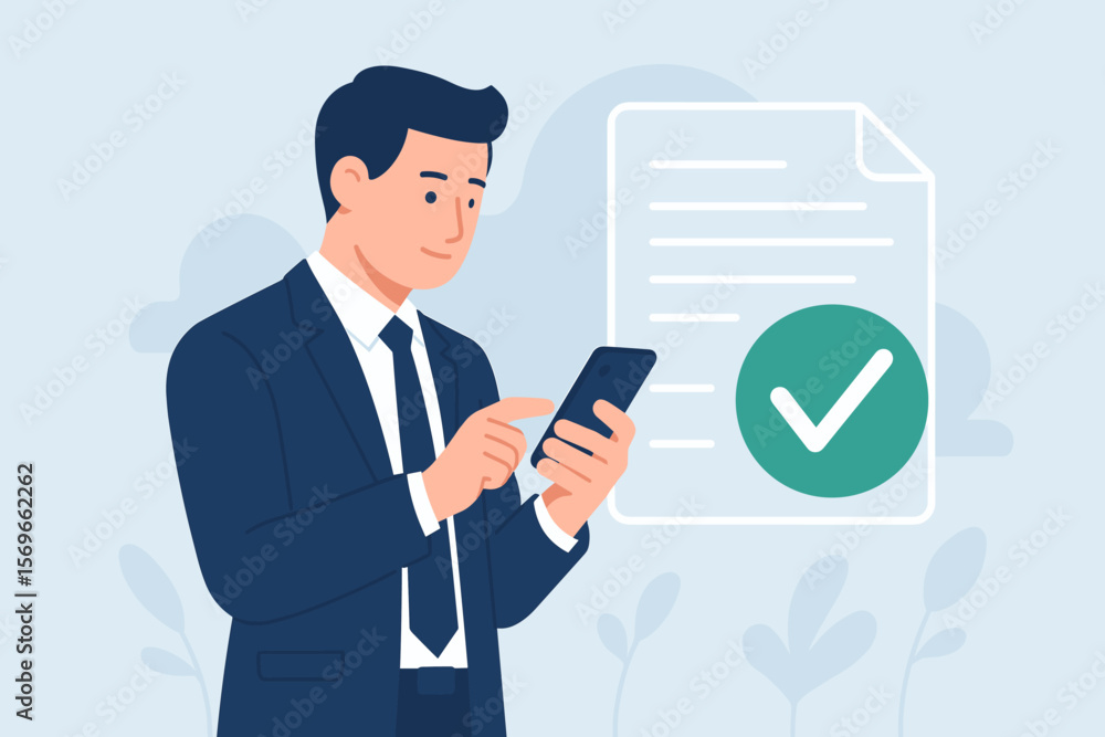 Businessman Using Smartphone for Digital Document Approval, Quality Assurance, Guarantee, Online Paperless Verification, Correct Tick Mark, Compliance, Secure E-Signature Businessman Using Smartphone for Digital Document Approval, Quality Assurance, Guarantee, Online Paperless Verification, Correct Tick Mark, Compliance, Secure E-Signature