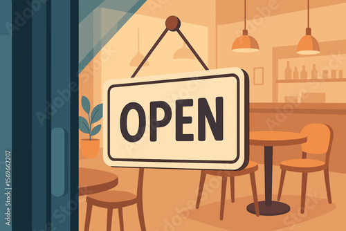 Modern Cafe or Restaurant Interior with Open Sign on Glass Door, Cozy Tables, Chairs, Hanging Lights, Flat Vector Illustration