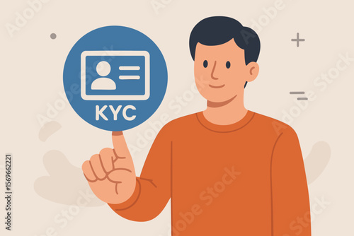 Digital KYC Verification Concept, Identity Card Authentication, Man Touching Virtual ID Icon, Know Your Customer Process, Modern Flat Vector Illustration, Secure Online Identification