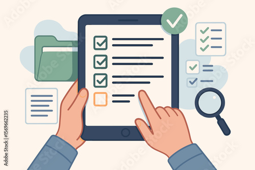 Online survey and digital form checklist on tablet computer. Document Management System for checking and managing files. Online documentation database and business process concept.