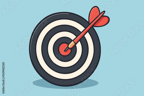 Bullseye Target Success Concept. Red Dart Arrow Hitting Center of Dartboard. Precision, Accuracy, Achievement, Goal Setting, Focus, Motivation, Success Symbol. Modern Flat Vector Illustration