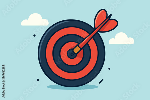 Bullseye Target Success Concept. Red Dart Arrow Hitting Center of Dartboard. Precision, Accuracy, Achievement, Goal Setting, Focus, Success Symbol. Modern Flat Vector Cartoon Illustration