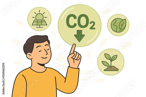 Reduce CO2 emission concept. Man with icons for green energy, sustainability, and environmental care. Carbon footprint reduction, solar power, and eco-friendly solutions.