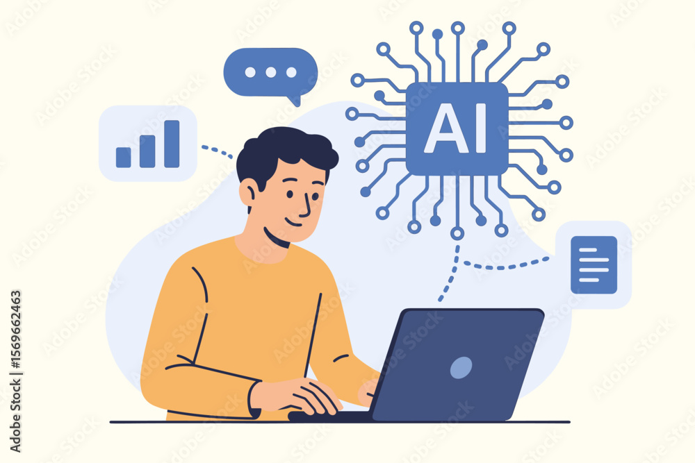 Technology and people concept. Man uses AI to help with work. AI learning and Artificial Intelligence. Business, modern technology, internet and networking flat vector design. Technology and people concept. Man uses AI to help with work. AI learning and Artificial Intelligence. Business, modern technology, internet and networking flat vector design.