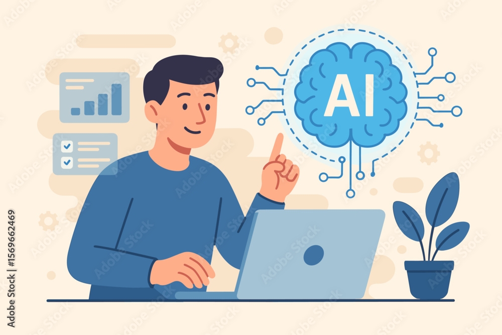 Man uses AI to help work. Artificial Intelligence concept. Business, modern technology, internet and networking. AI learning and data analysis for productivity and automation. Man uses AI to help work. Artificial Intelligence concept. Business, modern technology, internet and networking. AI learning and data analysis for productivity and automation.