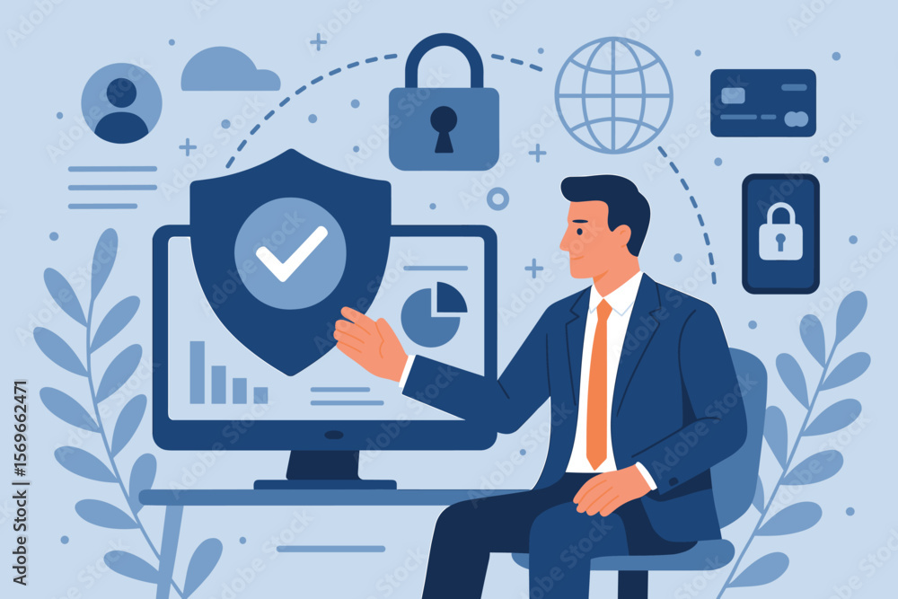 Businessman at desk with cybersecurity shield on computer. Concept of tech security, online privacy, smart security software, global network protection and digital business safety. Businessman at desk with cybersecurity shield on computer. Concept of tech security, online privacy, smart security software, global network protection and digital business safety.