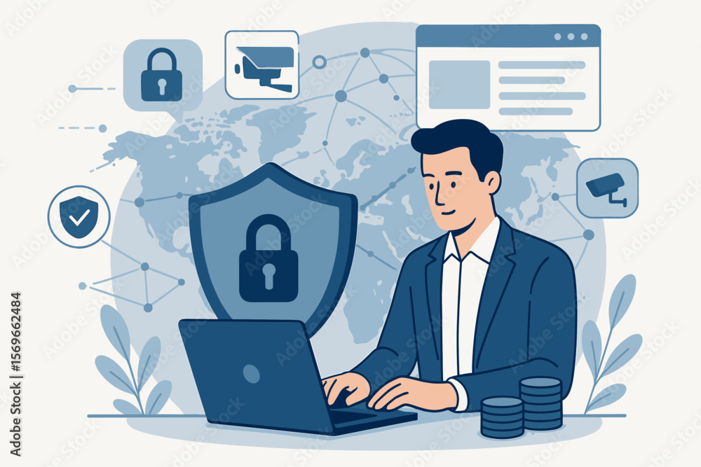 Businessman at laptop with cybersecurity shield. Global network protection, digital age tech security, online privacy, secure software, information and data protection concept. Businessman at laptop with cybersecurity shield. Global network protection, digital age tech security, online privacy, secure software, information and data protection concept.