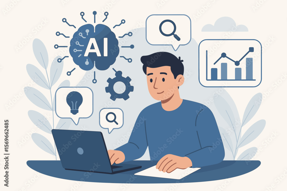 Man using AI on laptop for business productivity. Artificial intelligence concept with icons for data analysis, machine learning, research, and innovation. Modern technology. Man using AI on laptop for business productivity. Artificial intelligence concept with icons for data analysis, machine learning, research, and innovation. Modern technology.