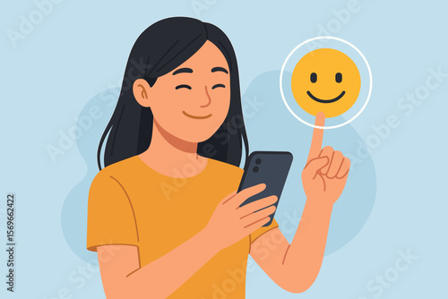 Customer satisfaction. Positive feedback concept. Woman gives happy review with phone. Client rating service. Smile emoji emoticon. User experience. Online survey. Cartoon vector.