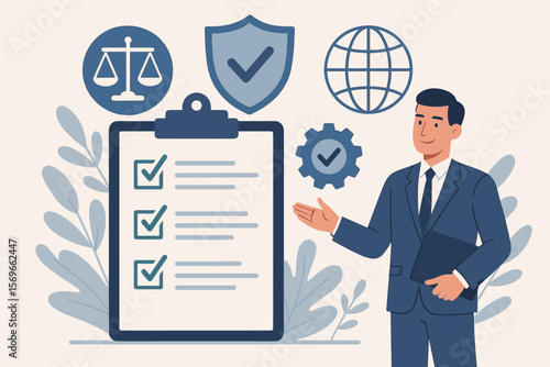 Standardization certification concept. Compliance to regulations, international standards. Corporate policy, law, ethics. Quality control, audit with manager checklist.