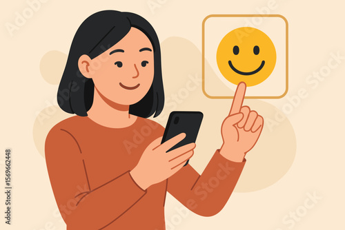 Smiling Asian woman gives positive feedback on smartphone. Customer satisfaction concept. Happy client leaves good review. Excellent rating service. User presses smile emoji.