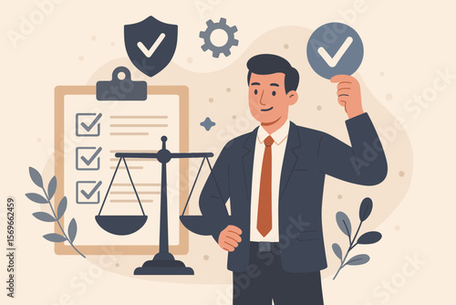 Concept of compliance with regulations, law, and standards. Standardization and certification. Quality control policy and legal assurance. Businessman character vector illustration.