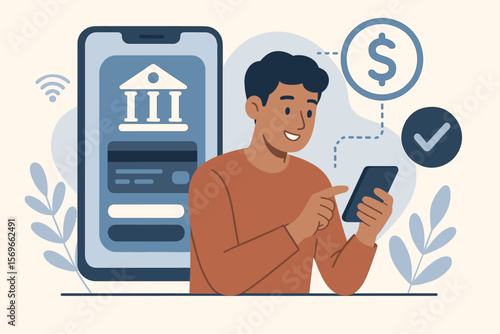Concept of online banking application and digital financial transaction. Person uses mobile phone for payment. Secure money transfer. Fintech technology and e-commerce vector.