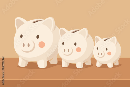 Piggy bank vector concept. Money saving growth. Investment, finance, retirement, wealth, banking, family budget, economy, fund, deposit, currency. Cartoon illustration.