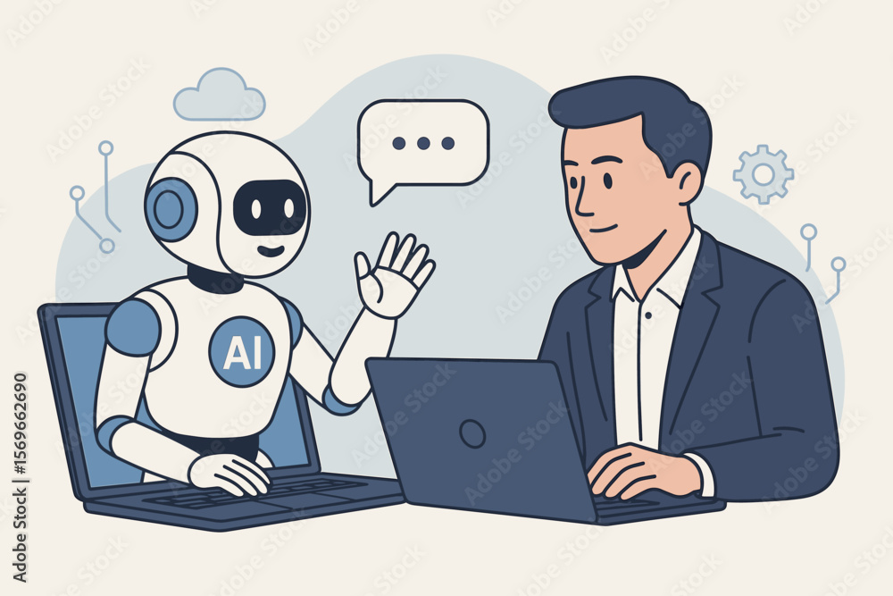 Businessman at laptop chats with AI robot assistant. Artificial intelligence for business, future technology, machine learning, virtual support, and chatbot concept vector. Businessman at laptop chats with AI robot assistant. Artificial intelligence for business, future technology, machine learning, virtual support, and chatbot concept vector.