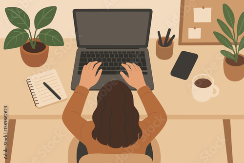 Woman working on laptop from home office, top view. Female freelancer or student hands typing on keyboard. Remote work, online job, cozy workspace concept. Flat vector cartoon.