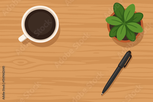 Wooden office desk flat lay. Top view of a workspace with coffee, pen, plant. Vector background with copy space. Modern cartoon illustration for business, study, home office.