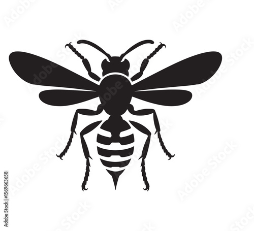 Stylized black silhouette of a wasp with detailed wings and legs