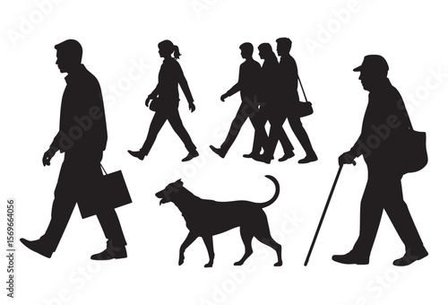 Diverse group of people and a dog walking in silhouette against a white background