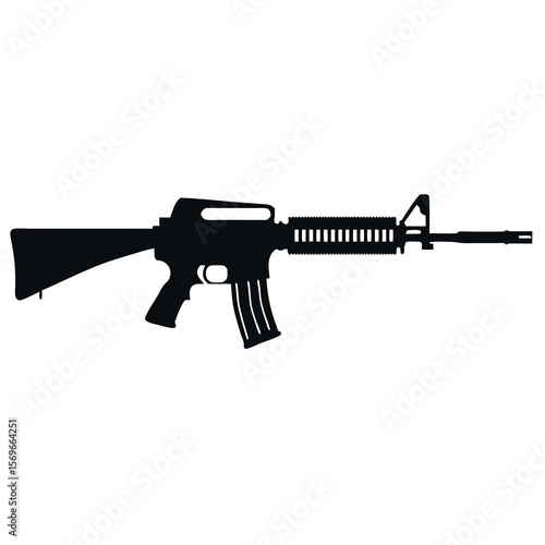 Black silhouette of an assault rifle with a magazine isolated on white background