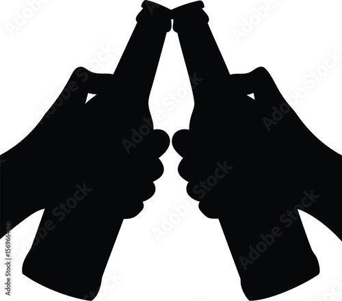 Silhouette of two hands clinking beer bottles in celebration or toast Vector illustration