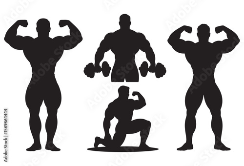 Diverse bodybuilder poses showcasing strength and muscle definition silhouettes
