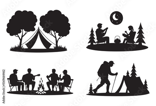 Silhouettes of people enjoying camping and outdoor activities under the moon and stars