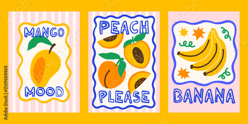 Summer fruits vector posters set. Bright tropical juicy print designs with mango, peaches, bananas illustrations in whimsical frames