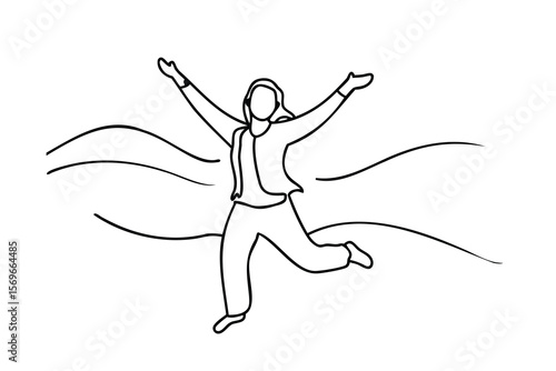 Line drawing a person jumping with arms raised flowing lines on Single