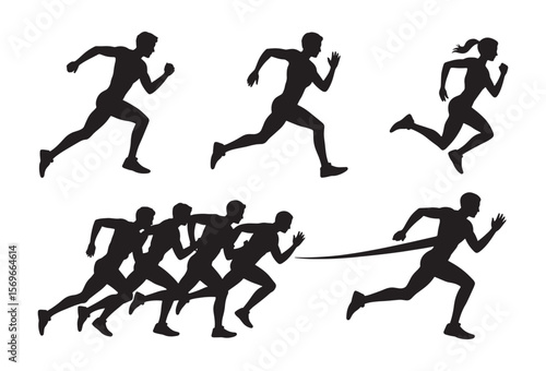 Silhouettes of athletes running in a race showcasing dynamic movement and competition