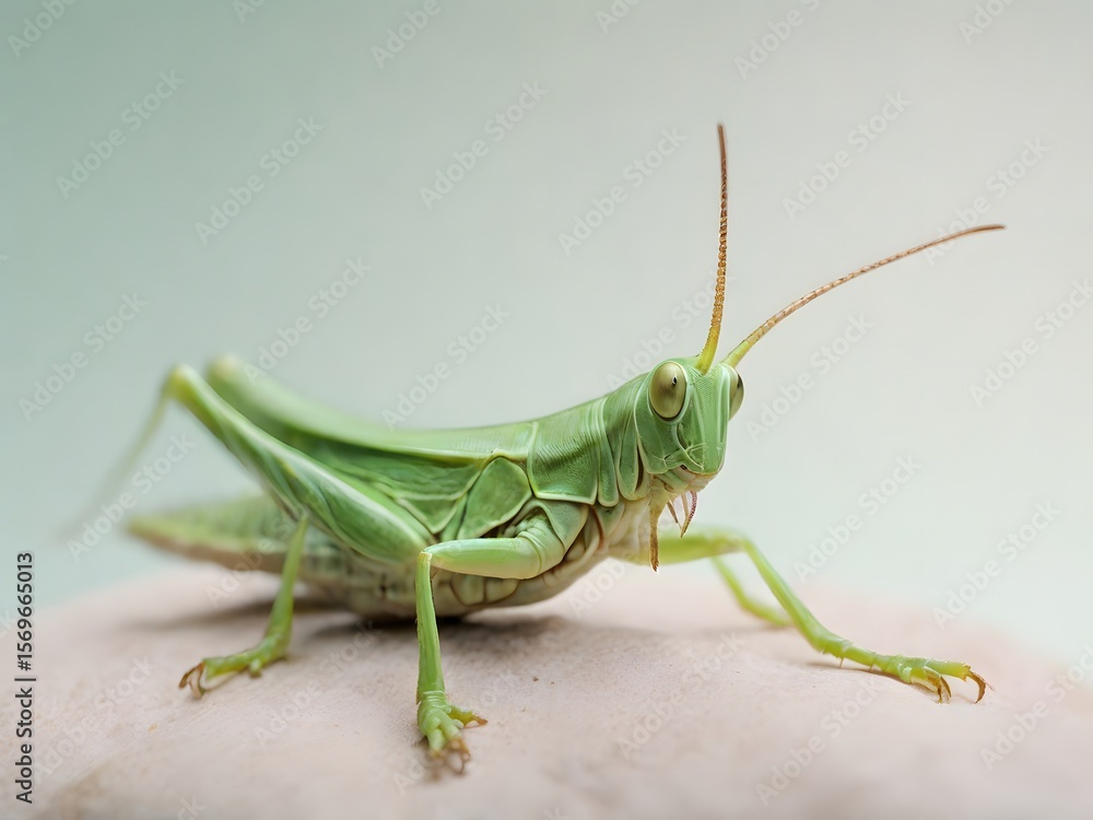Close-up of a Vibrant Green Grasshopper on a Light Beige Surface Close-up of a Vibrant Green Grasshopper on a Light Beige Surface