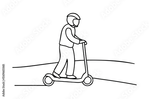 Single person riding a scooter wearing a helmet outlined in on a vector