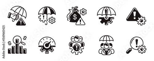 collection of business financial management risk control icon line set containing warning alert, gear cog wheel, umbrella, profit bar, magnifier, money bag signs vector illustration