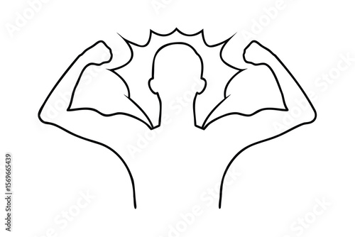 Outline a person flexing biceps with a burst above head on a Single figure