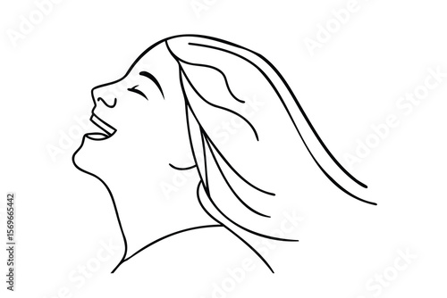 Line art profile a woman laughing with flowing hair on a Single face