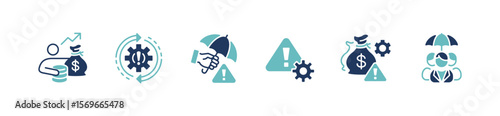 simple risk shield umbrella protection icon set finance warning alert safety threat management assessment control signs vector illustration business danger level monitoring symbol design