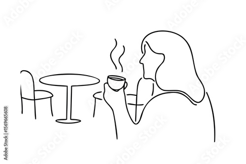Single person drinking coffee at a cafe table with chair outlined in on woman female