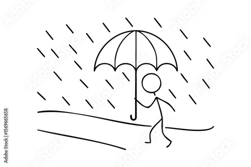 Line drawing a stick figure walking in the rain under an umbrella Single weather