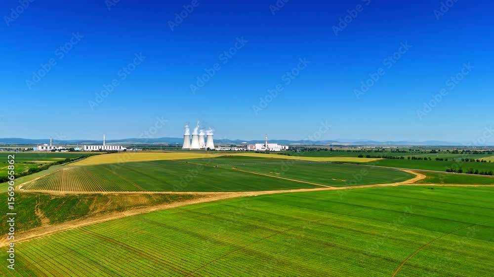 Plant by green fields, blue sky. Smoke rises from cooling towers of a power plant set against a backdrop of lush green fields under a clear blue sky. Plant by green fields, blue sky. Smoke rises from cooling towers of a power plant set against a backdrop of lush green fields under a clear blue sky.