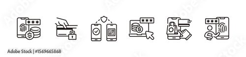 simple business secure payment money transfer icon line set financial cashless online money transfer with password security transaction signs vector outline illustration