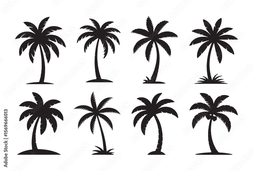 Collection of black silhouette palm trees on a white background Collection of black silhouette palm trees on a white background