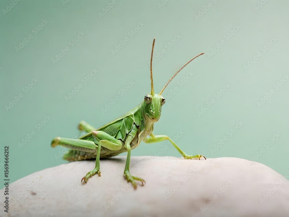 Close-up of a Striking Green Grasshopper on a Light Beige Surface Close-up of a Striking Green Grasshopper on a Light Beige Surface