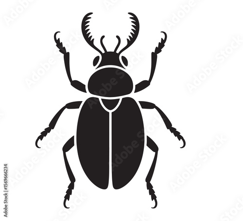 Stylized black silhouette of a stag beetle with prominent mandibles