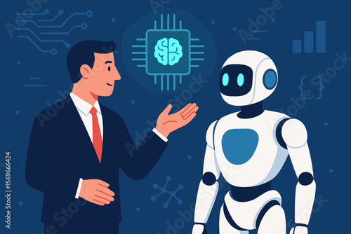 Artificial intelligence and machine learning concept. Businessman interacts with a smart robot assistant. Futuristic AI technology, deep learning, and business automation innovation.