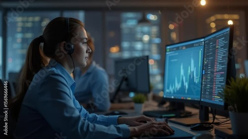 Dedicated financial analyst working late at night monitoring stock market data