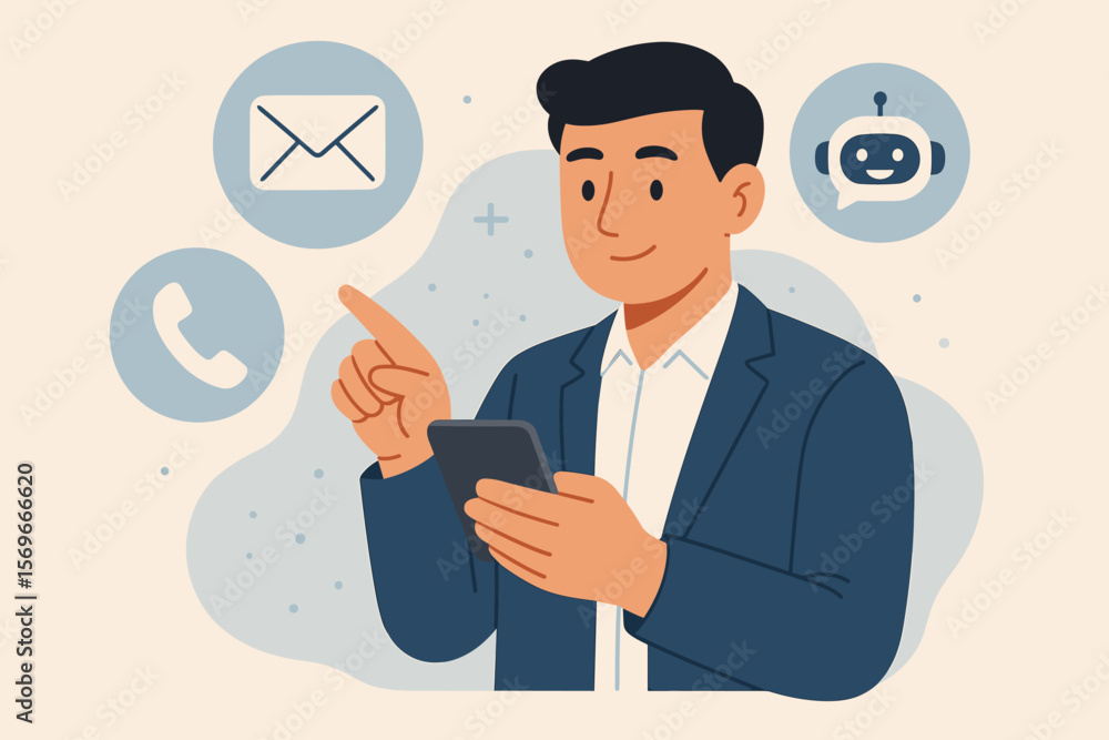 Contact us concept. Customer support hotline. Businessman with smartphone choosing communication channel. Email, phone call, live chat bot service for client assistance. Contact us concept. Customer support hotline. Businessman with smartphone choosing communication channel. Email, phone call, live chat bot service for client assistance.