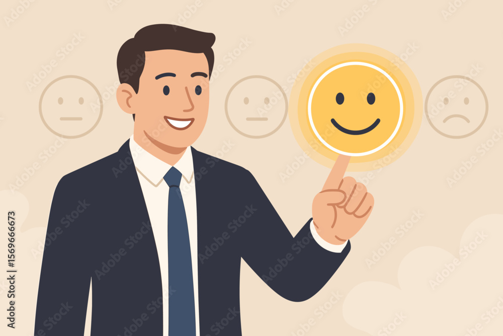 Customer service and satisfaction concept. Businessman hand touching a virtual happy smile face icon. Client gives positive feedback, evaluation, and good review for best service. Customer service and satisfaction concept. Businessman hand touching a virtual happy smile face icon. Client gives positive feedback, evaluation, and good review for best service.