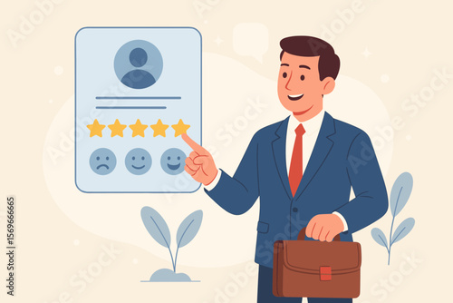 Customer satisfaction concept. Businessman giving five star rating. Positive client feedback for excellent service quality. User review, survey and testimonial illustration.