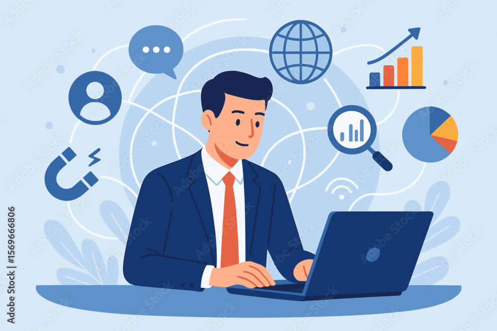 Digital marketing concept. Businessman on laptop analyzing data. Business strategy for online growth, customer acquisition, social media engagement, SEO analysis, global network. Digital marketing concept. Businessman on laptop analyzing data. Business strategy for online growth, customer acquisition, social media engagement, SEO analysis, global network.